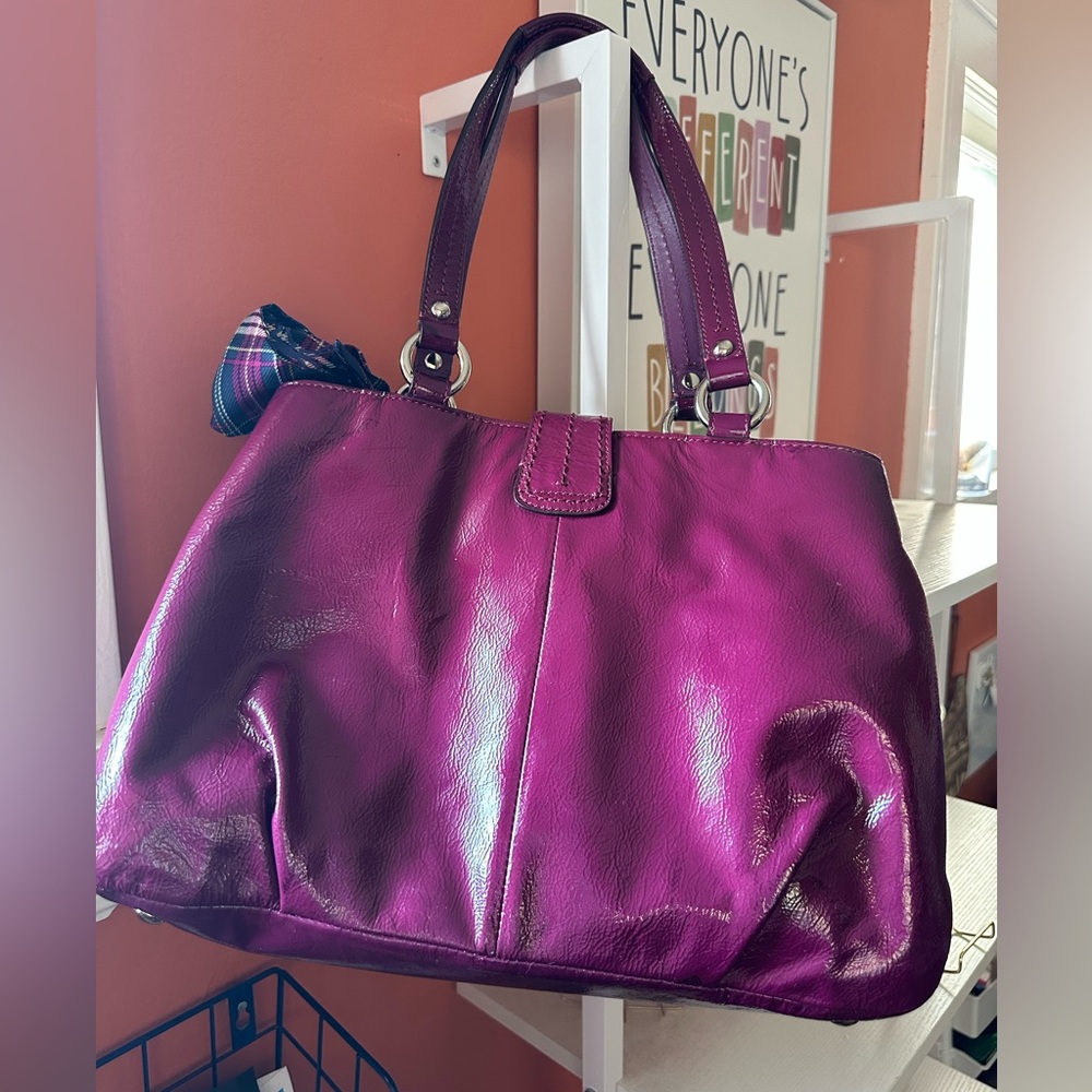 Coach Purple Leather Shoulder Bag with Plaid Accent Scarf - Picture 6 of 13